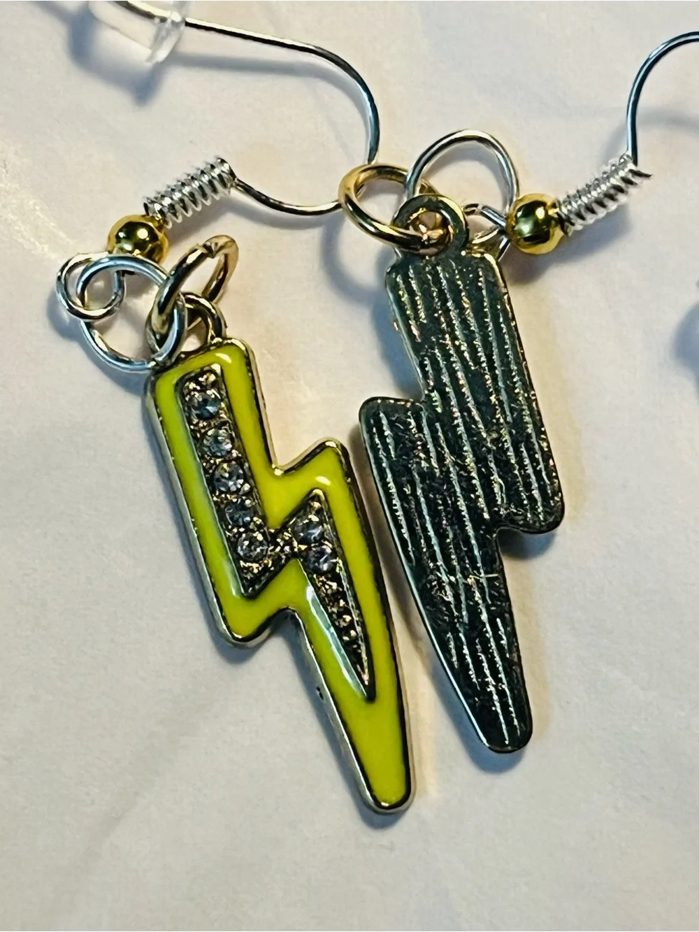 Yellow Lightning Bolt Drop Earrings with Crystal Accent